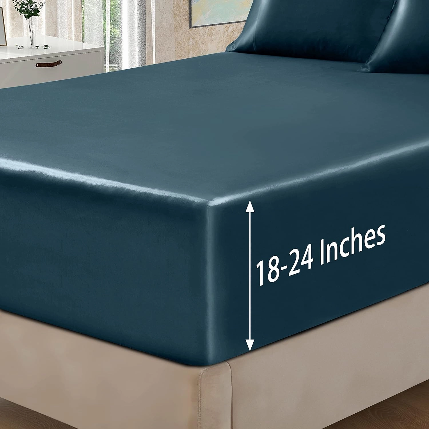 Homiest 4pcs Extra Deep Pocket Satin Sheets King Size Bed Set, 18-24 Inch Deep Pocket Bed Sheets Deep Sea Blue Satin Sheet Set, Silky Satin Bedding Set Soft Fitted Sheet Set Fits Ultra Deep Mattress