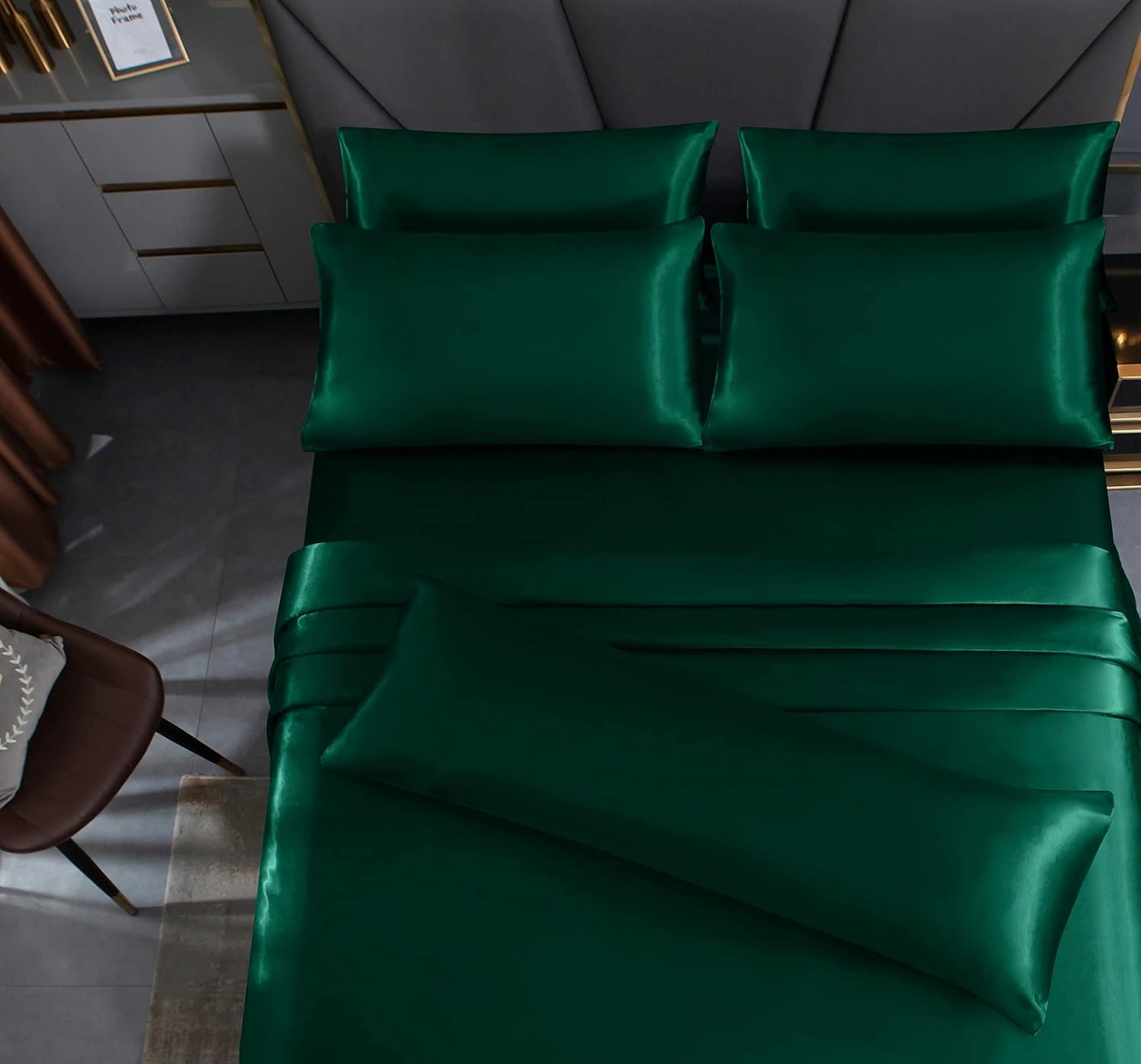 Homiest 7pc King Size Satin Sheets - Deep Pocket Fitted, Soft Flat, 4 Pillowcases, Body Pillowcase - Blackish Green Luxury Silky Bedding Set