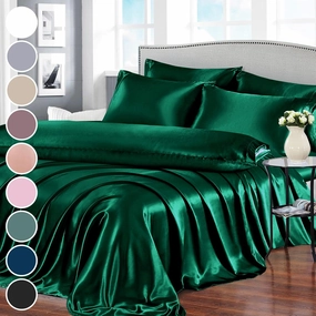 Homiest 7pc King Size Satin Sheets - Deep Pocket Fitted, Soft Flat, 4 Pillowcases, Body Pillowcase - Blackish Green Luxury Silky Bedding Set