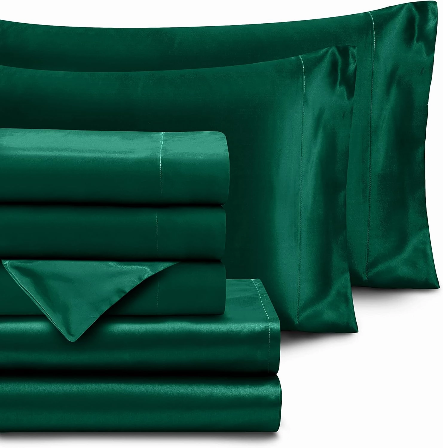 Homiest 7pc King Size Satin Sheets - Deep Pocket Fitted, Soft Flat, 4 Pillowcases, Body Pillowcase - Blackish Green Luxury Silky Bedding Set