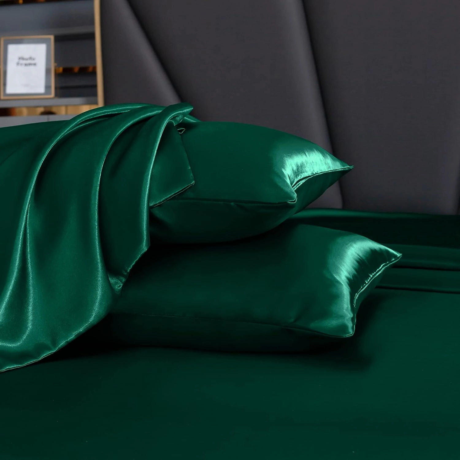 Homiest 7pc King Size Satin Sheets - Deep Pocket Fitted, Soft Flat, 4 Pillowcases, Body Pillowcase - Blackish Green Luxury Silky Bedding Set