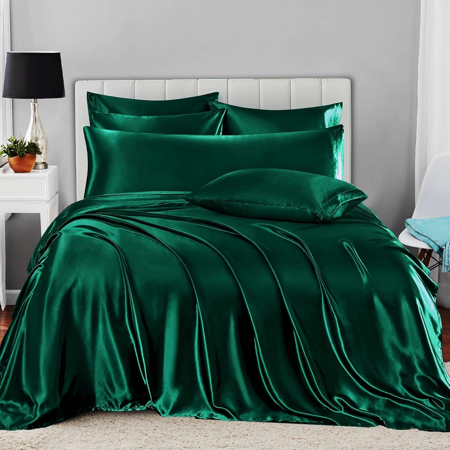 Homiest 7pc King Size Satin Sheets - Deep Pocket Fitted, Soft Flat, 4 Pillowcases, Body Pillowcase - Blackish Green Luxury Silky Bedding Set