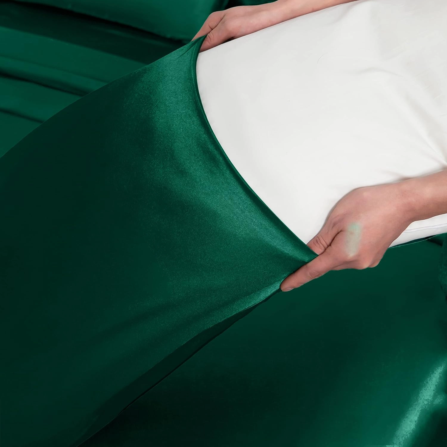 Homiest 7pc King Size Satin Sheets - Deep Pocket Fitted, Soft Flat, 4 Pillowcases, Body Pillowcase - Blackish Green Luxury Silky Bedding Set