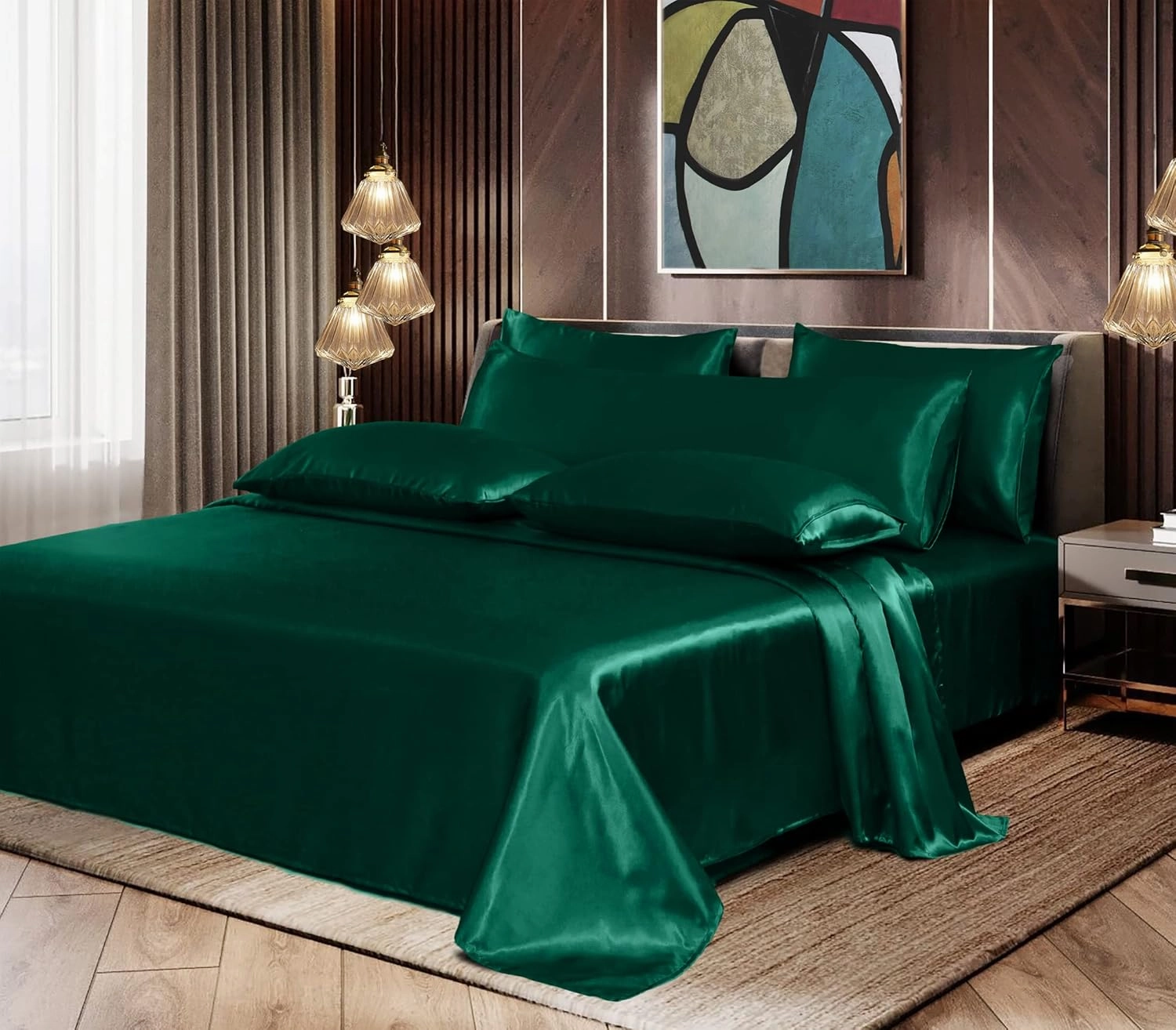 Homiest 7pc King Size Satin Sheets - Deep Pocket Fitted, Soft Flat, 4 Pillowcases, Body Pillowcase - Blackish Green Luxury Silky Bedding Set
