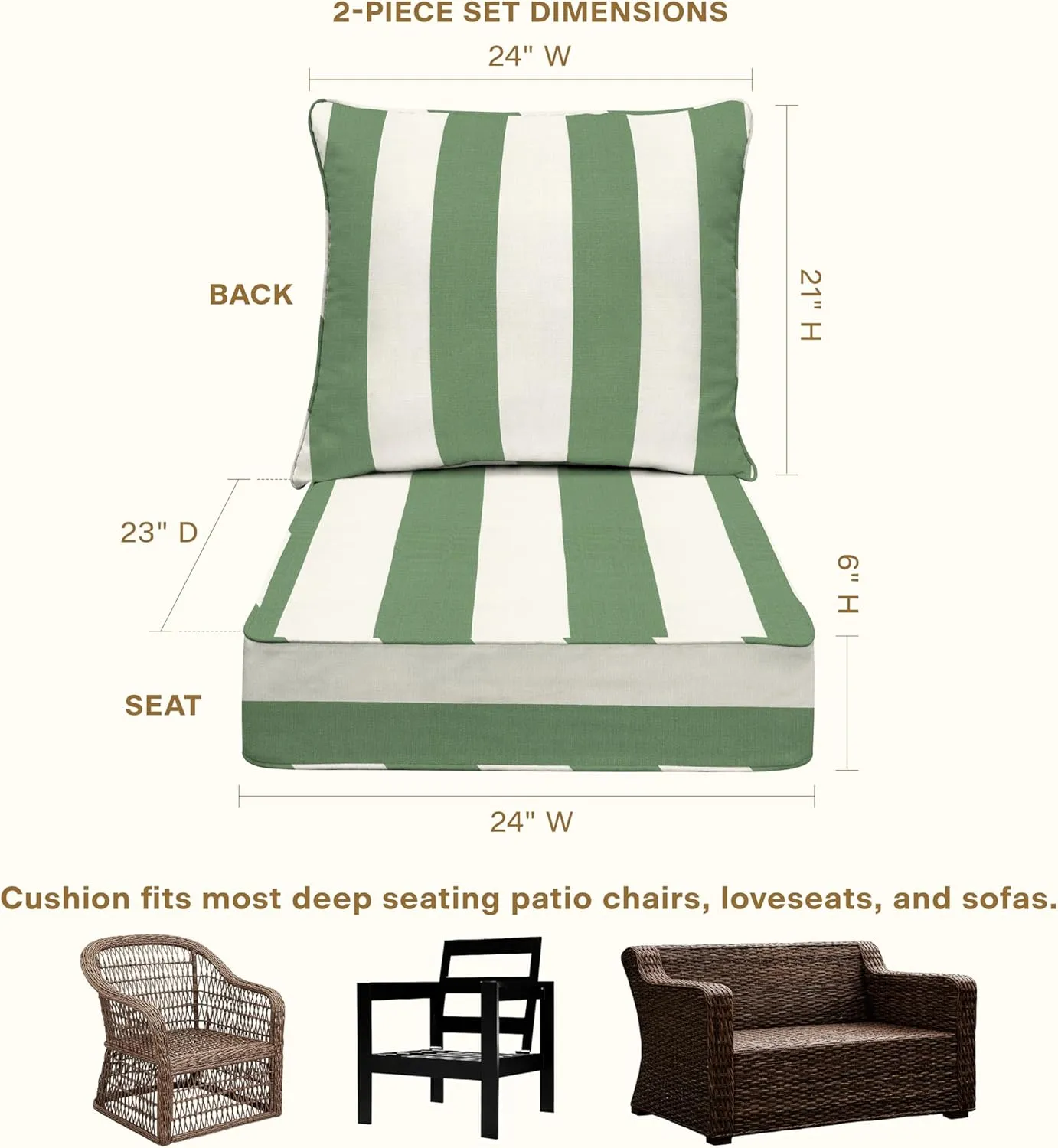 Honeycomb Outdoor Deep Seat, 24" W x 23" D, Cabana Stripe Green & Cream Outdoor Chair Cushion
