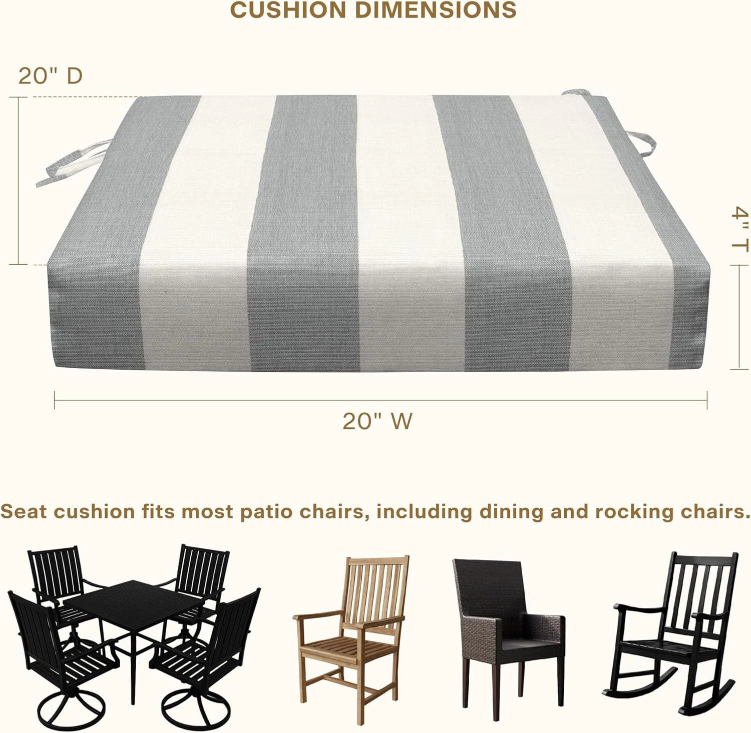 Honeycomb Outdoor Cushion Set 20" x 20", Cabana Stripe Stone Grey Dining Patio Cushions