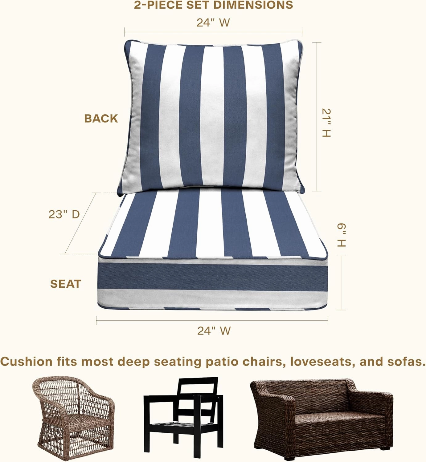 Honeycomb Outdoor Deep Seat, 24" W x 23" D, Cabana Stripe Blue & White Outdoor Chair Cushion