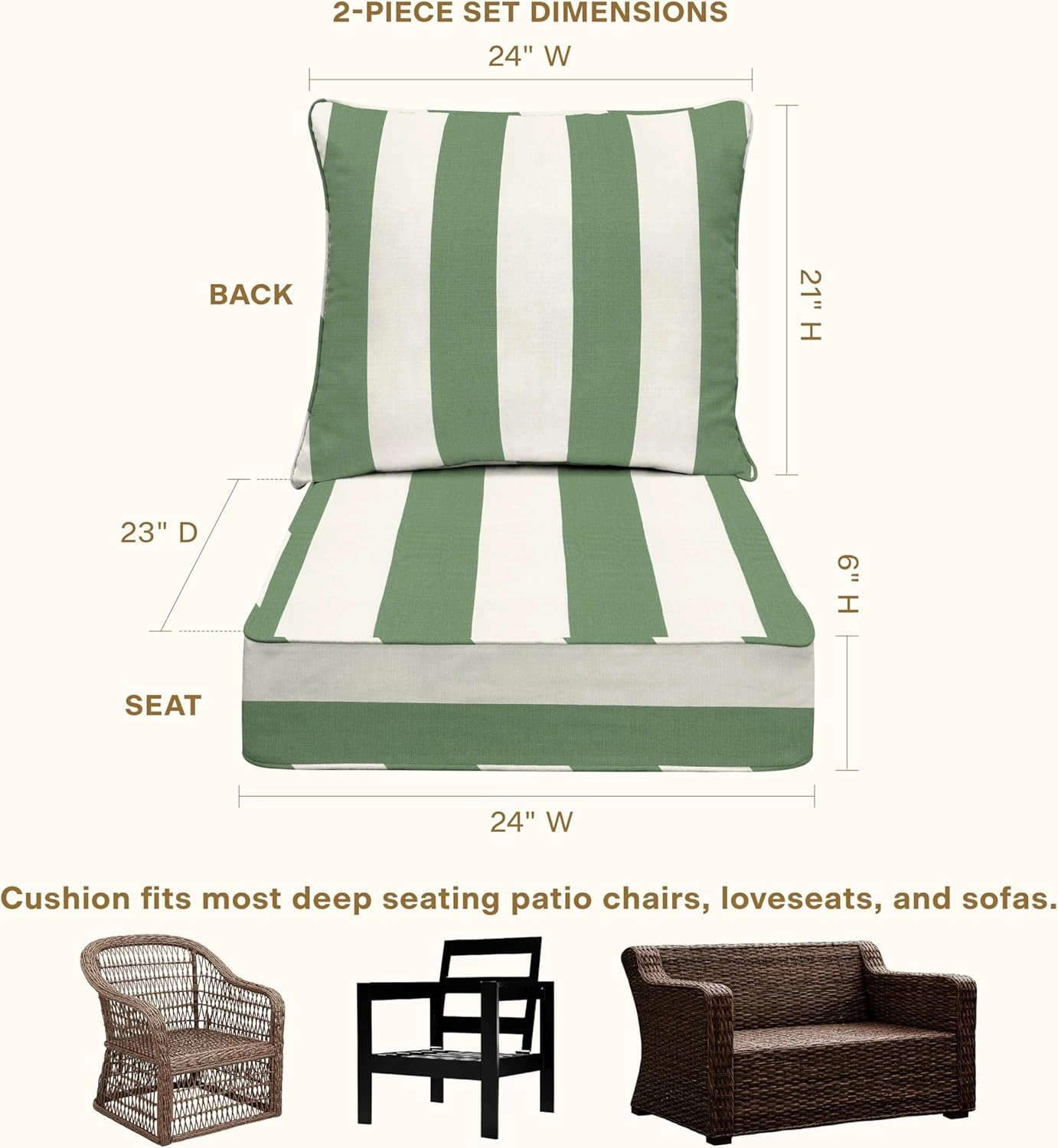 Honeycomb Outdoor Deep Seat, 24" W x 23" D, Cabana Stripe Green & Cream Outdoor Chair Cushion