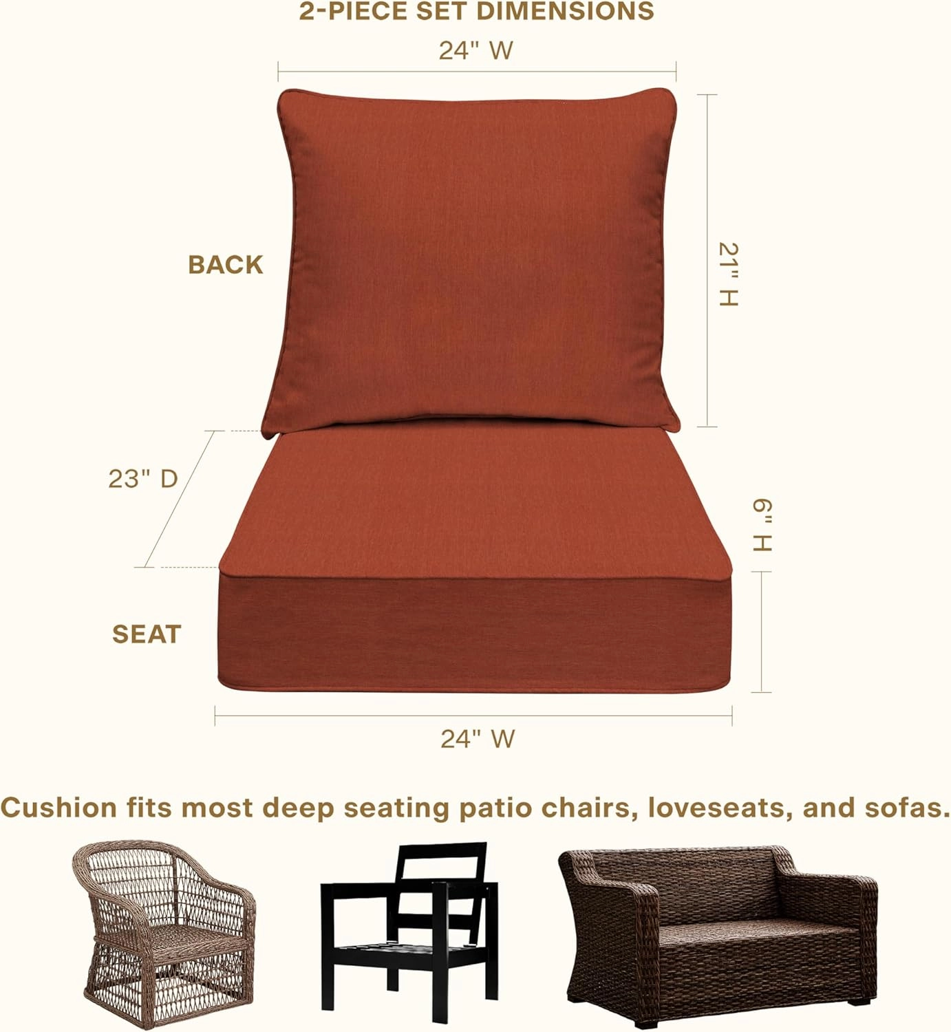 Honeycomb Outdoor Deep Seat, 24" W x 23" D, Textured Solid Terracotta Outdoor Chair Cushion
