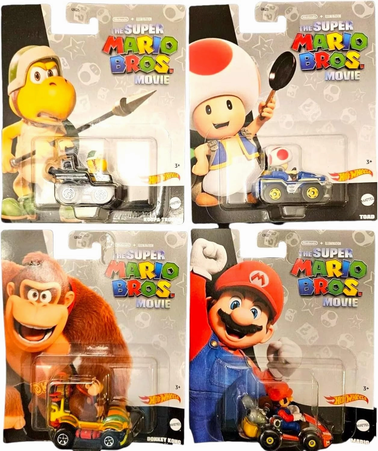 Hot Wheels Super Mario Bros Movie Character Cars, Collectible Die-Cast Vehicles, Set of 4, Mario, Toad, Koopa, Donkey Kong