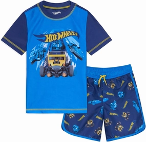 Hot Wheels UPF 50  Pullover Rash Guard and Swim Trunks Outfit Set Toddler to Big Kid
