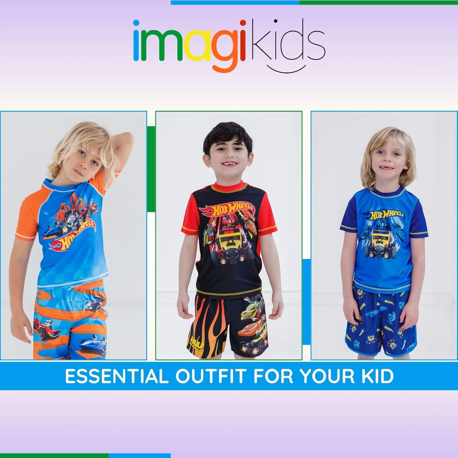 Hot Wheels UPF 50  Pullover Rash Guard and Swim Trunks Outfit Set Toddler to Big Kid
