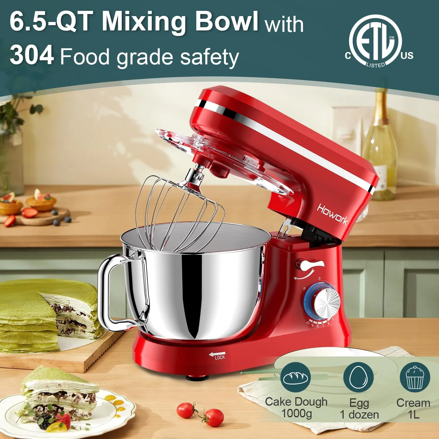 HOWORK Electric Stand Mixer,10 p Speeds With 6.5QT Stainless Steel Bowl,Dough Hook, Wire Whip & Beater,for Most Home Cooks,Bright Red