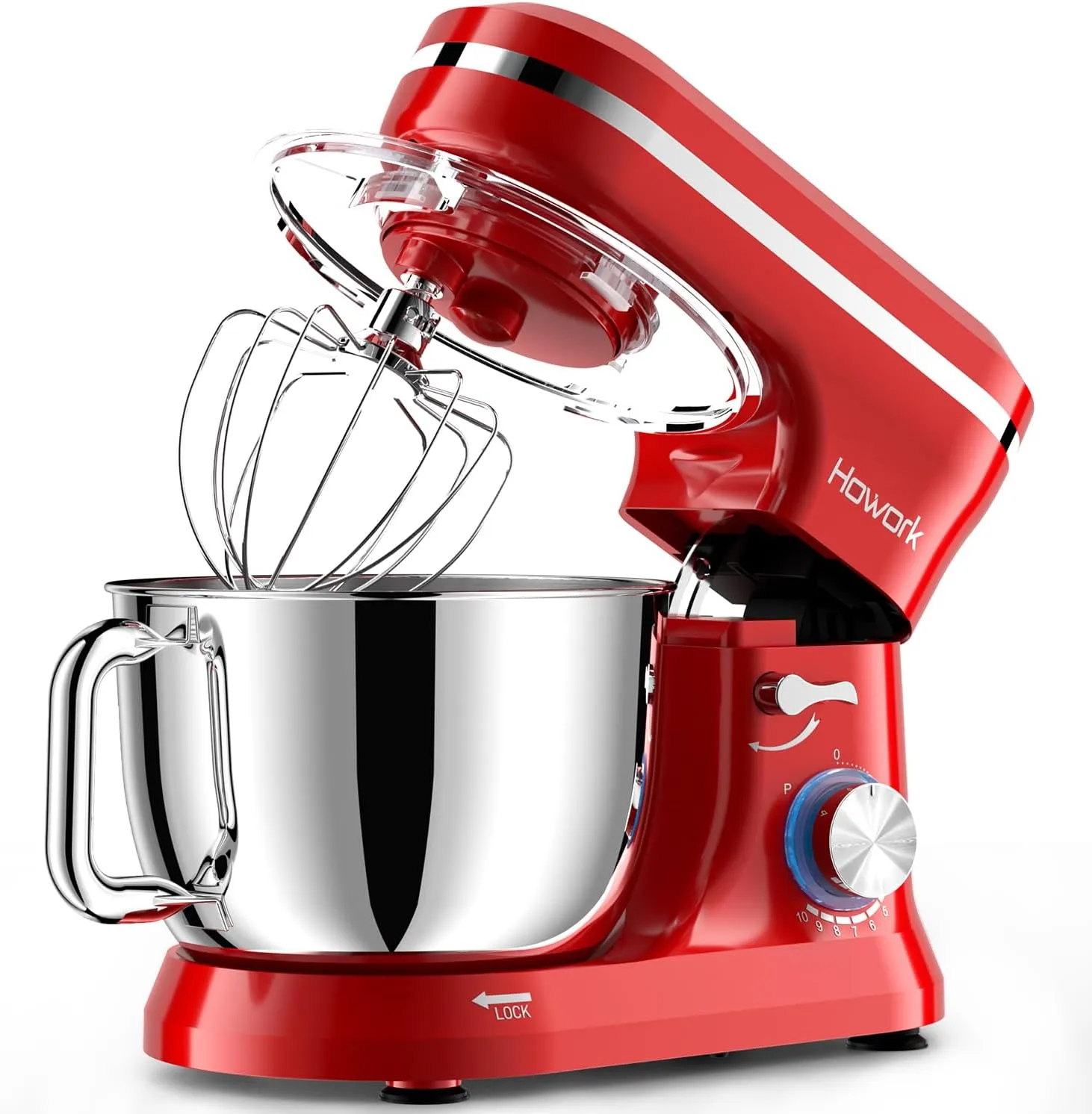 HOWORK Electric Stand Mixer,10 p Speeds With 6.5QT Stainless Steel Bowl,Dough Hook, Wire Whip & Beater,for Most Home Cooks,Bright Red