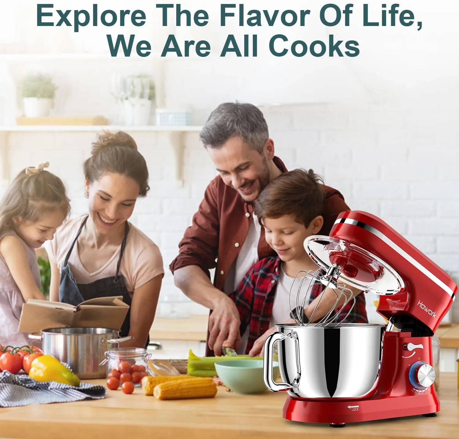 HOWORK Electric Stand Mixer,10 p Speeds With 6.5QT Stainless Steel Bowl,Dough Hook, Wire Whip & Beater,for Most Home Cooks,Bright Red