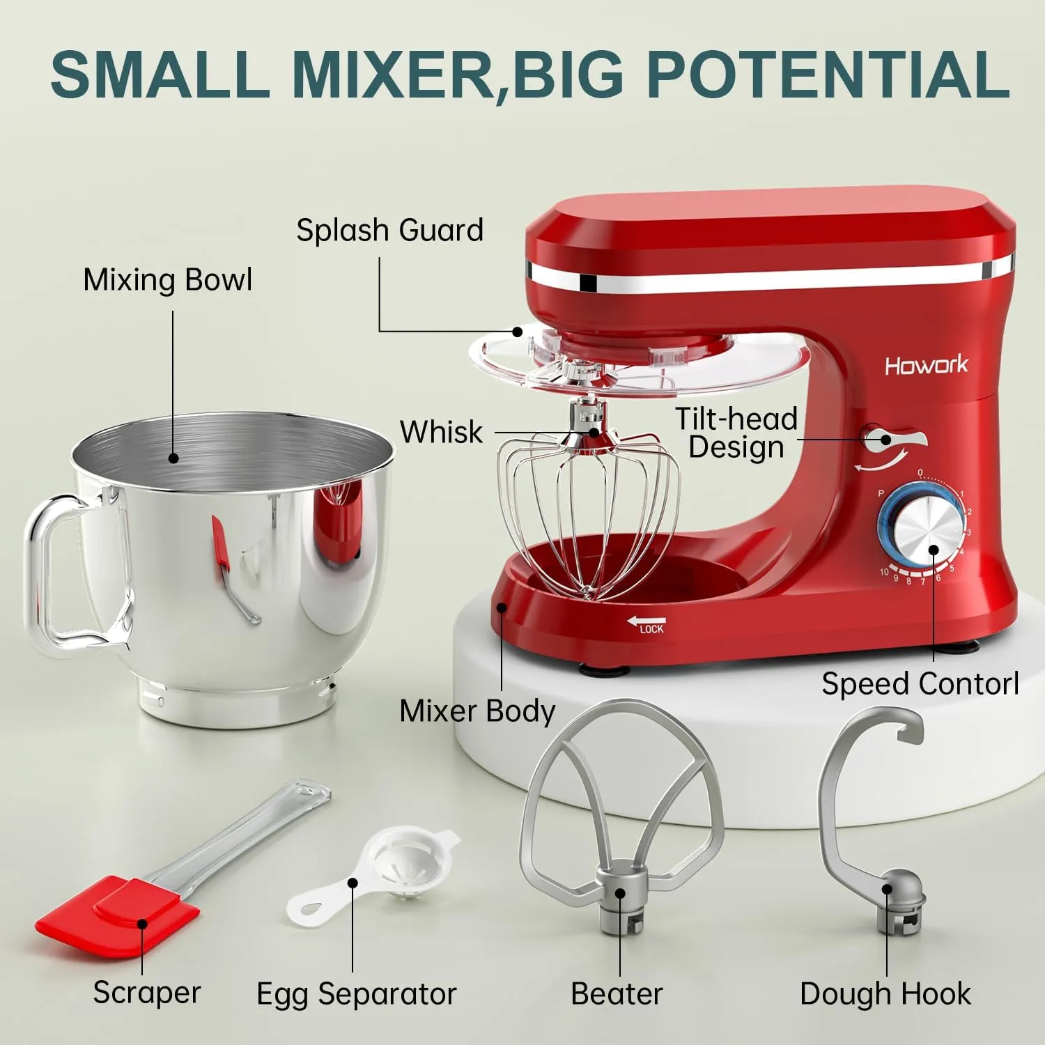 HOWORK Electric Stand Mixer,10 p Speeds With 6.5QT Stainless Steel Bowl,Dough Hook, Wire Whip & Beater,for Most Home Cooks,Bright Red