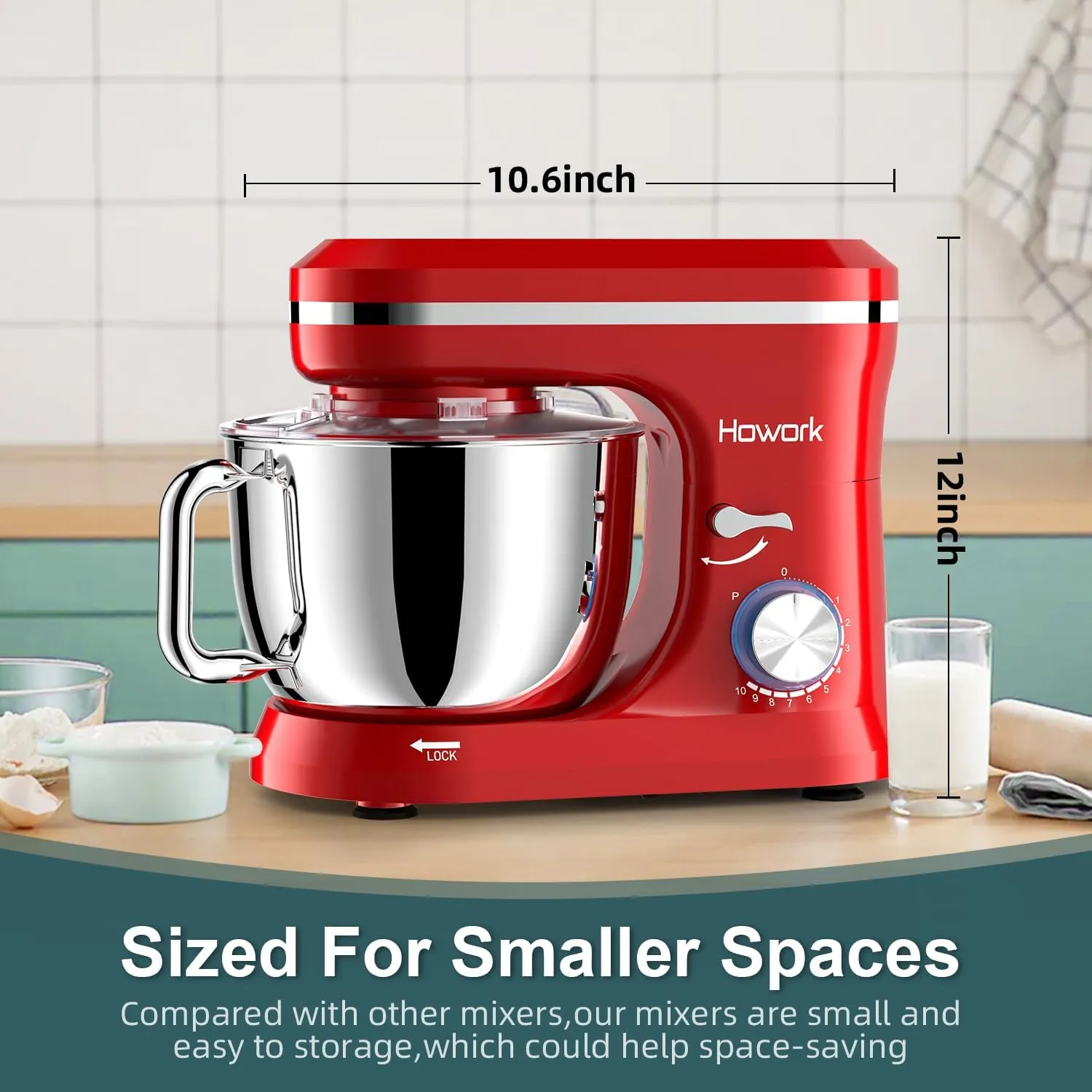 HOWORK Electric Stand Mixer,10 p Speeds With 6.5QT Stainless Steel Bowl,Dough Hook, Wire Whip & Beater,for Most Home Cooks,Bright Red