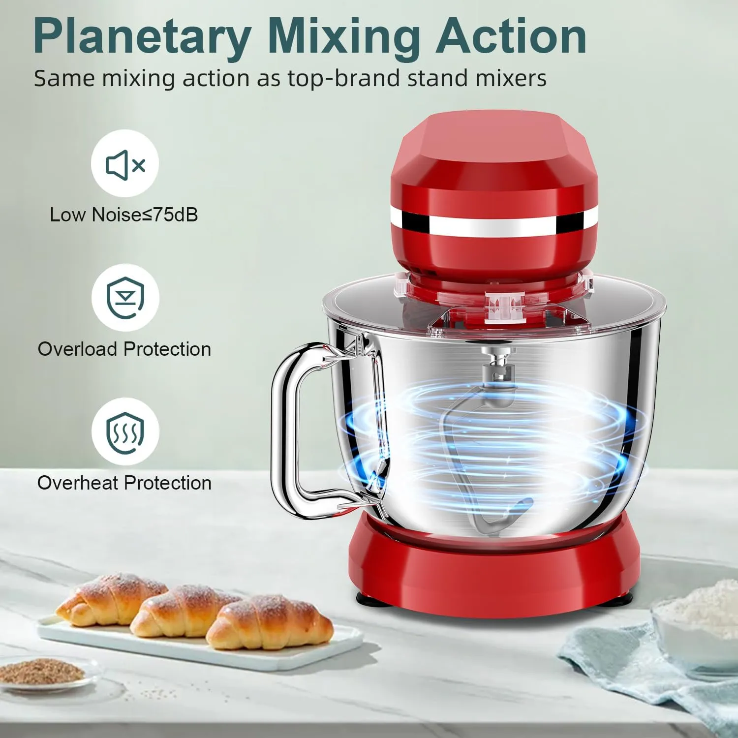 HOWORK Electric Stand Mixer,10 p Speeds With 6.5QT Stainless Steel Bowl,Dough Hook, Wire Whip & Beater,for Most Home Cooks,Bright Red