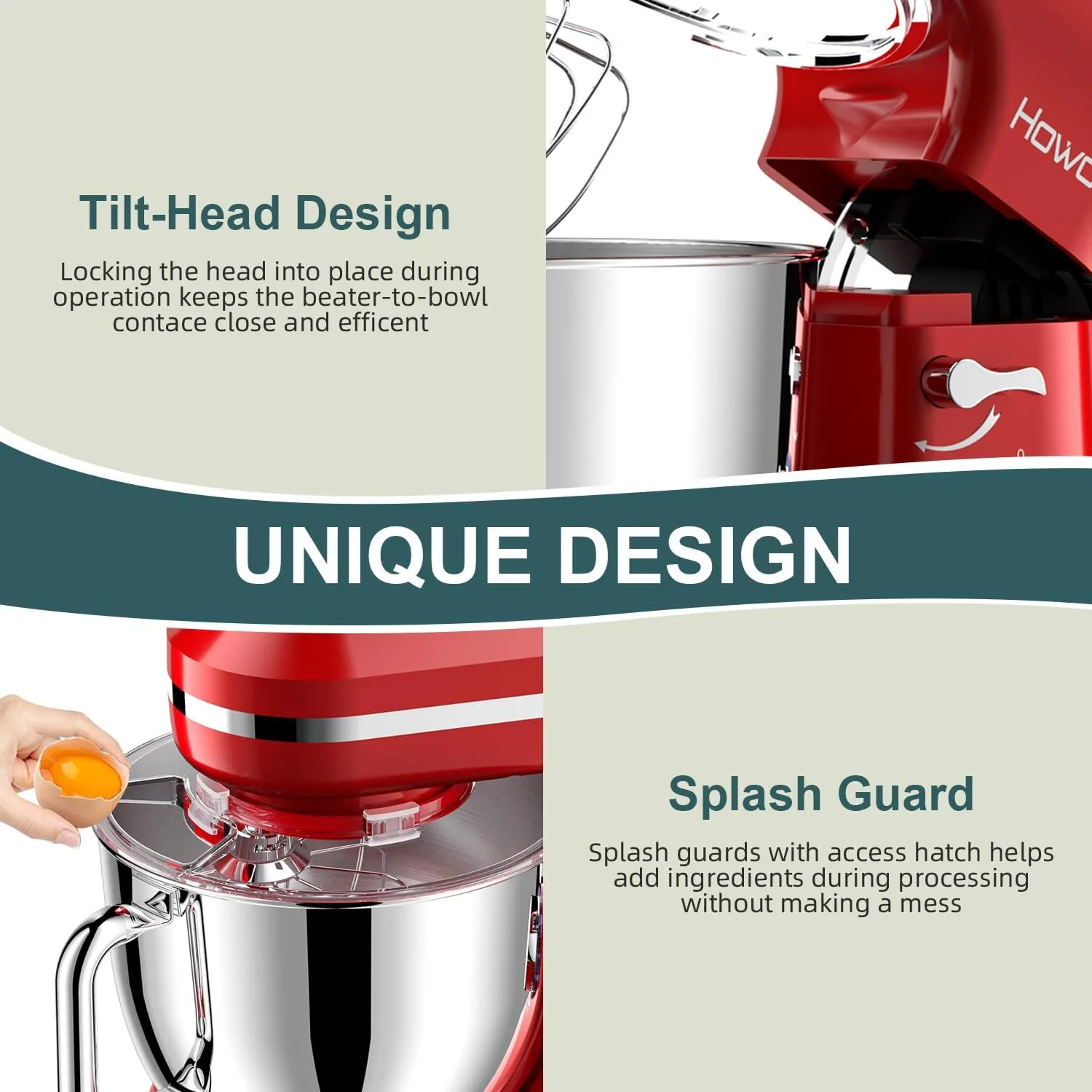 HOWORK Electric Stand Mixer,10 p Speeds With 6.5QT Stainless Steel Bowl,Dough Hook, Wire Whip & Beater,for Most Home Cooks,Bright Red