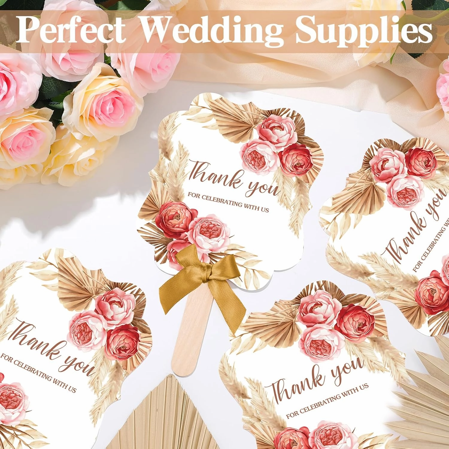 Huwena 50 Sets Wedding Fans for Guests Thank You for Celebrating with Us Fans Hand Fans Handheld Folded Fan Baby Shower Favors for Bridal Bridesmaid Gift Church Dancing(Yellow,Bohemia)