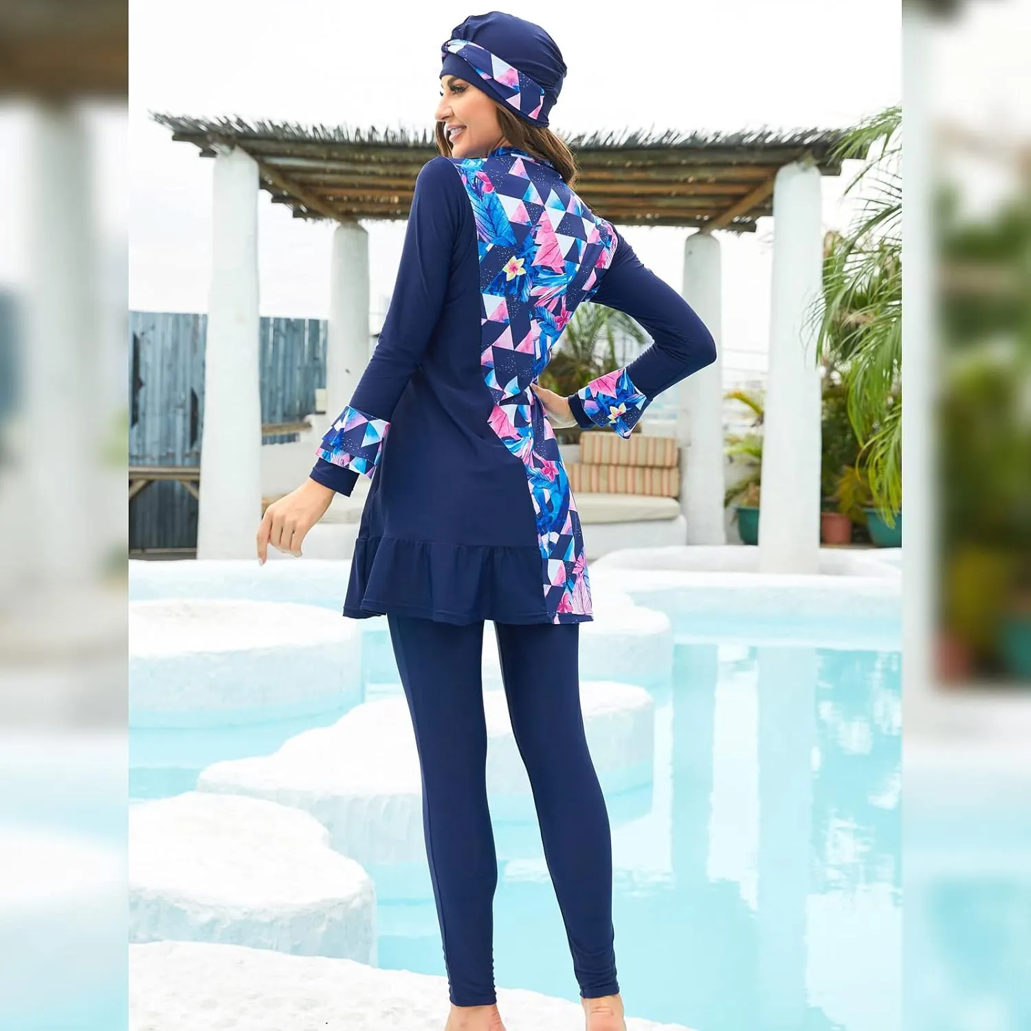 IBAKOM Modest Swimsuit for Women Islamic Long Sleeve Bathing Suit Full Body Muslin Burkini Rash Guard Set with Swim Hijab