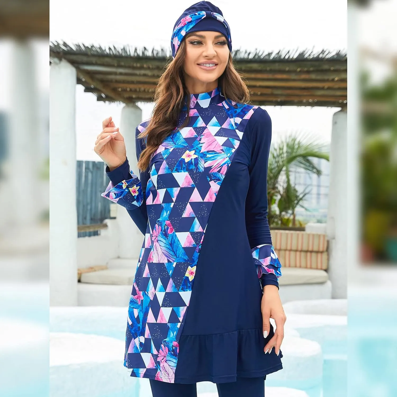 IBAKOM Modest Swimsuit for Women Islamic Long Sleeve Bathing Suit Full Body Muslin Burkini Rash Guard Set with Swim Hijab