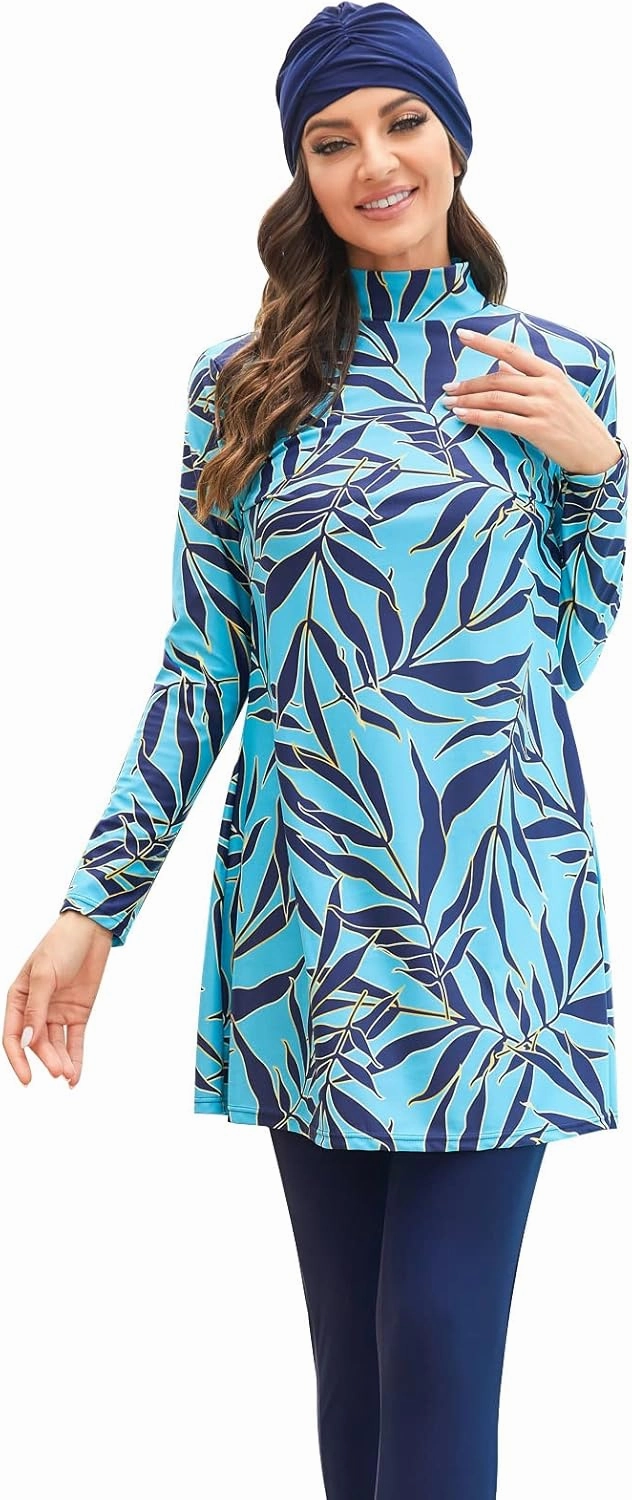 IBAKOM Modest Swimsuit for Women Islamic Long Sleeve Bathing Suit Full Body Muslin Burkini Rash Guard Set with Swim Hijab