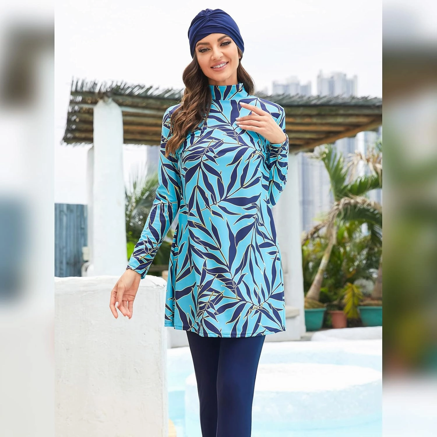 IBAKOM Modest Swimsuit for Women Islamic Long Sleeve Bathing Suit Full Body Muslin Burkini Rash Guard Set with Swim Hijab