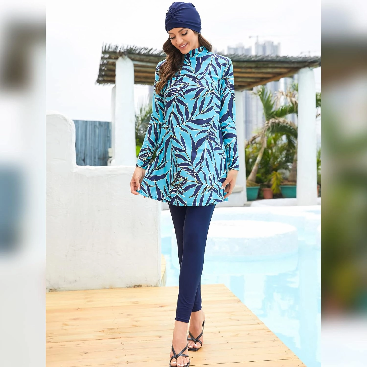 IBAKOM Modest Swimsuit for Women Islamic Long Sleeve Bathing Suit Full Body Muslin Burkini Rash Guard Set with Swim Hijab