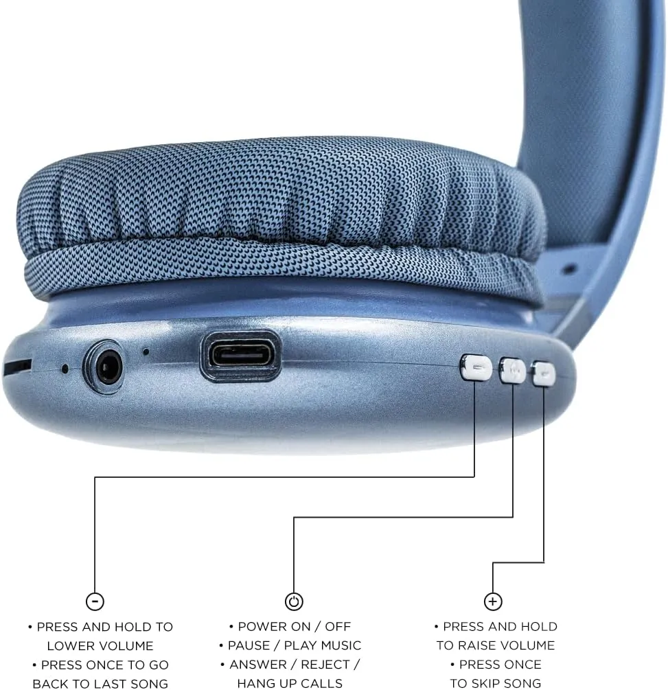 iJoy Ultra Wireless Headphones with Microphone- Rechargeable Over Ear Wireless Bluetooth Headphones with 10Hr Playtime, SD Slot, Backup Wire- Soft Cushion Wireless Headset with Mic (Blue)