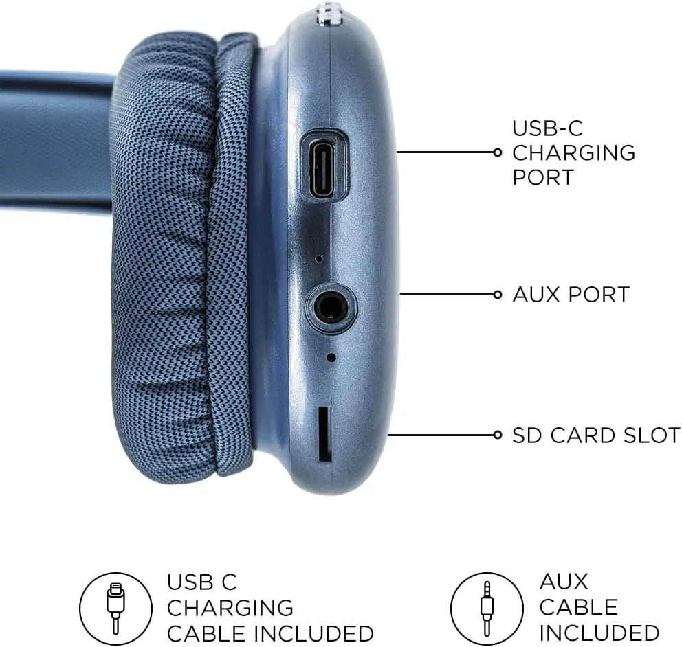 iJoy Ultra Wireless Headphones with Microphone- Rechargeable Over Ear Wireless Bluetooth Headphones with 10Hr Playtime, SD Slot, Backup Wire- Soft Cushion Wireless Headset with Mic (Blue)