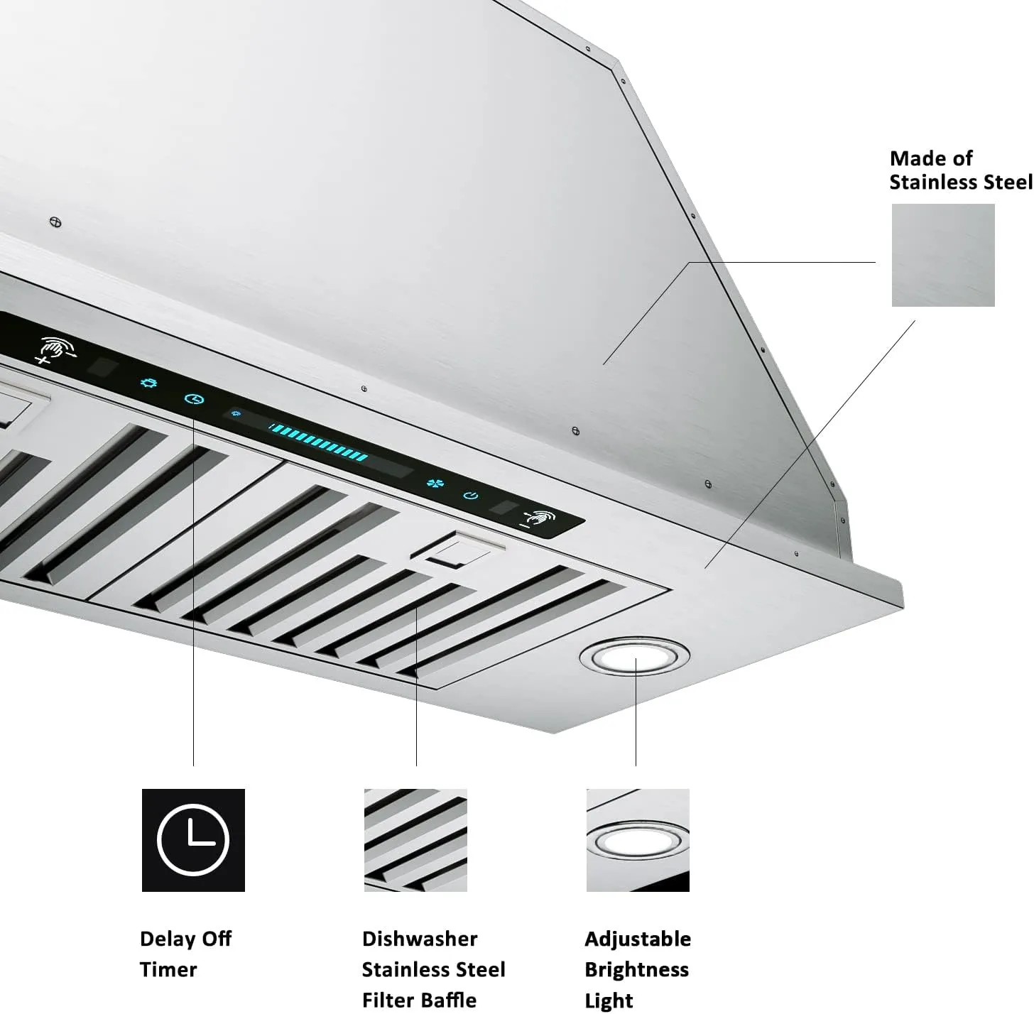 IKTCH 30 inch Built-in/Insert Range Hood 900 CFM, Ducted/Ductless Convertible Duct, Stainless Steel Kitchen Vent Hood with 4 Speed Gesture Sensing&Touch Control Panel(IKB01-30)