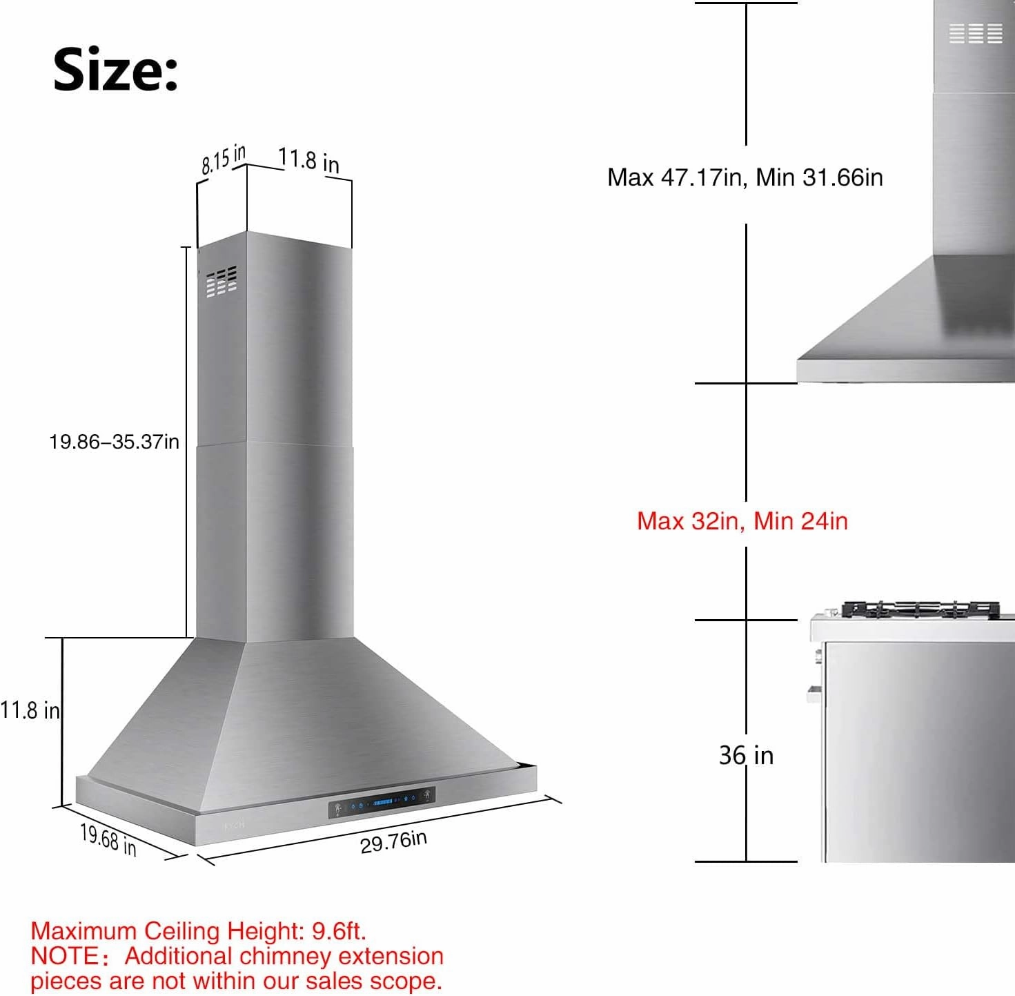 IKTCH 30-inch Wall Mount Range Hood 900 CFM Ducted/Ductless Convertible, Kitchen Chimney Vent Stainless Steel with Gesture Sensing & Touch Control Switch Panel, 2 Pcs Adjustable Lights(IKP02-30'')