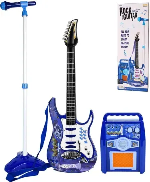 iMeshbean Guitar and Microphone Play Set for Kids,Adjustable Height Microphone with Stand,Electric Guitar Microphone Amplifier Set Karaoke Musical Instruments for Kids Girls Boys (Bule)