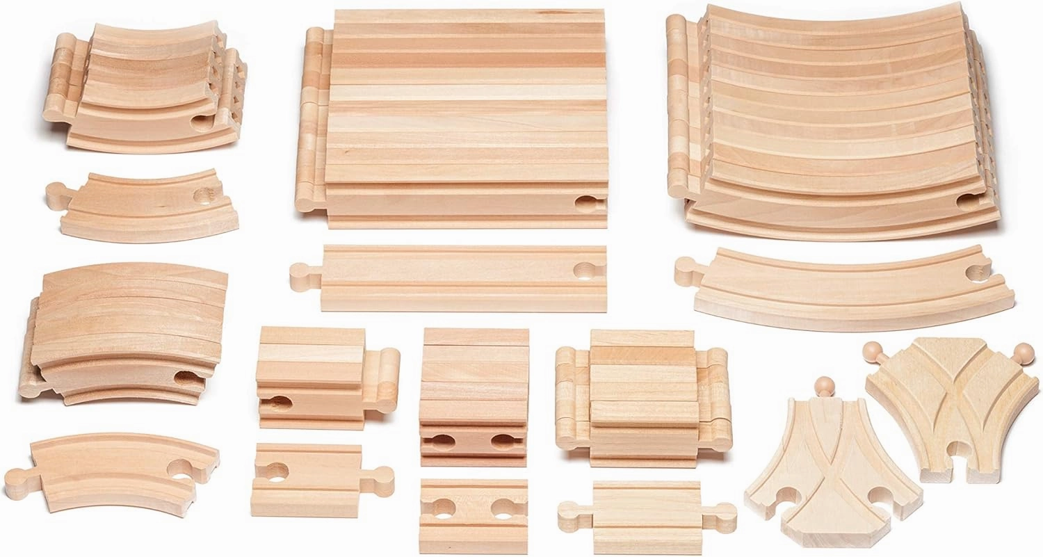 inc. Expansion Wooden Train Track Set, 54 Piece Hardwood Curved Tracks, Straight Tracks and Connectors for Railroad Crossing, Compatible with Thomas & Friends and All Major Brands