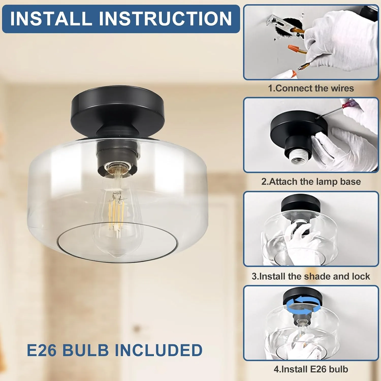 Industrial Semi Flush Mount Ceiling Light: Black Kitchen Lighting Fixtures Ceiling with Clear Glass - Vintage Hallway Light Fixtures E26 Bulb Included - 8.46” Light Fixtures Ceiling Mount for Foyer