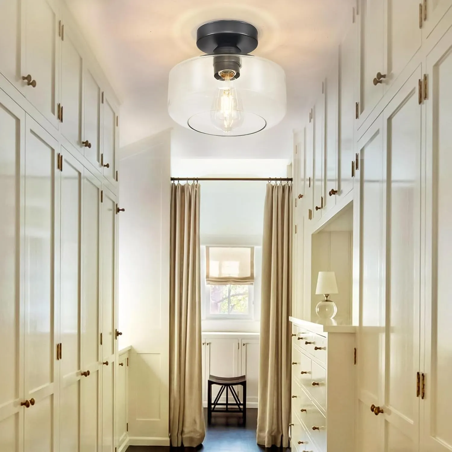 Industrial Semi Flush Mount Ceiling Light: Black Kitchen Lighting Fixtures Ceiling with Clear Glass - Vintage Hallway Light Fixtures E26 Bulb Included - 8.46” Light Fixtures Ceiling Mount for Foyer