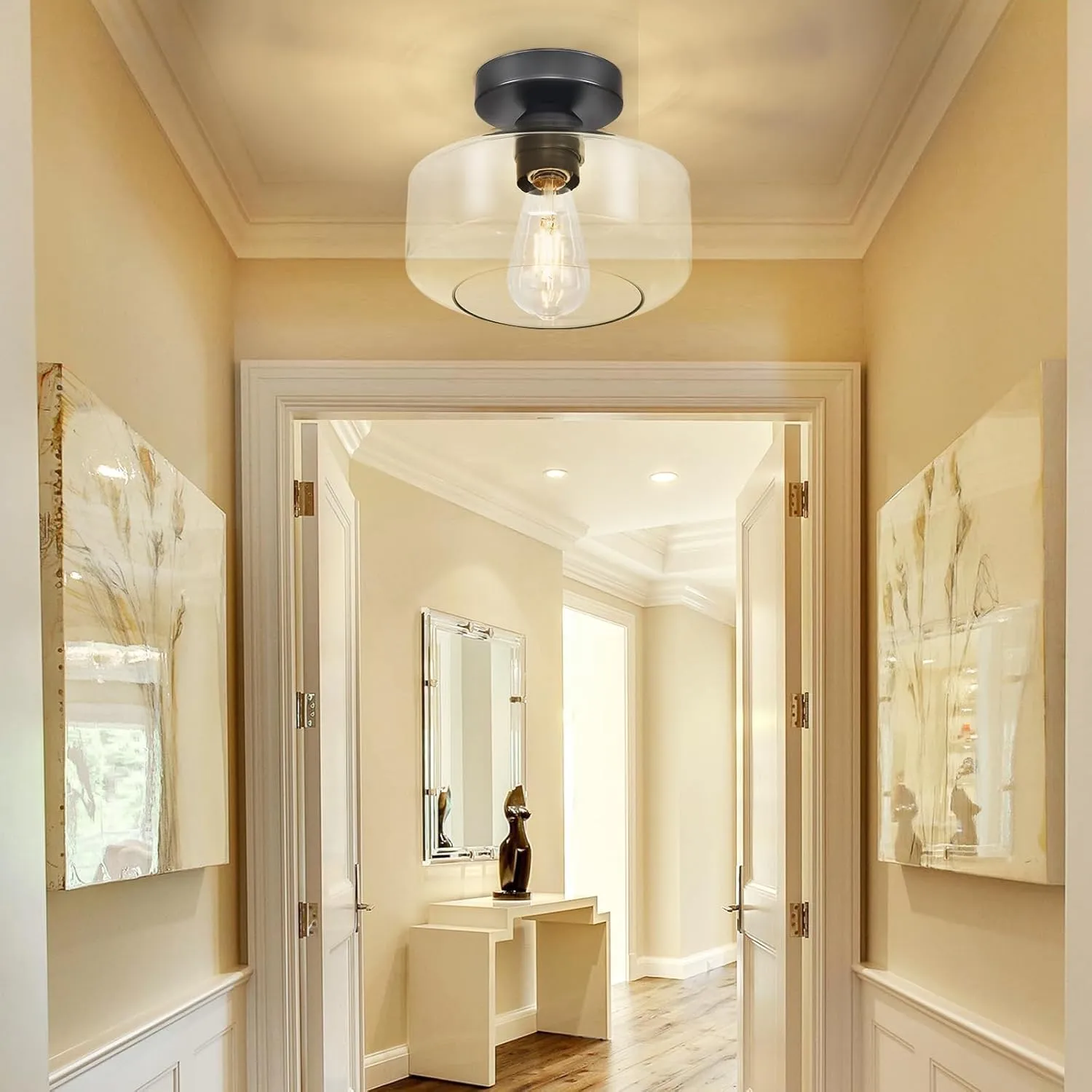 Industrial Semi Flush Mount Ceiling Light: Black Kitchen Lighting Fixtures Ceiling with Clear Glass - Vintage Hallway Light Fixtures E26 Bulb Included - 8.46” Light Fixtures Ceiling Mount for Foyer