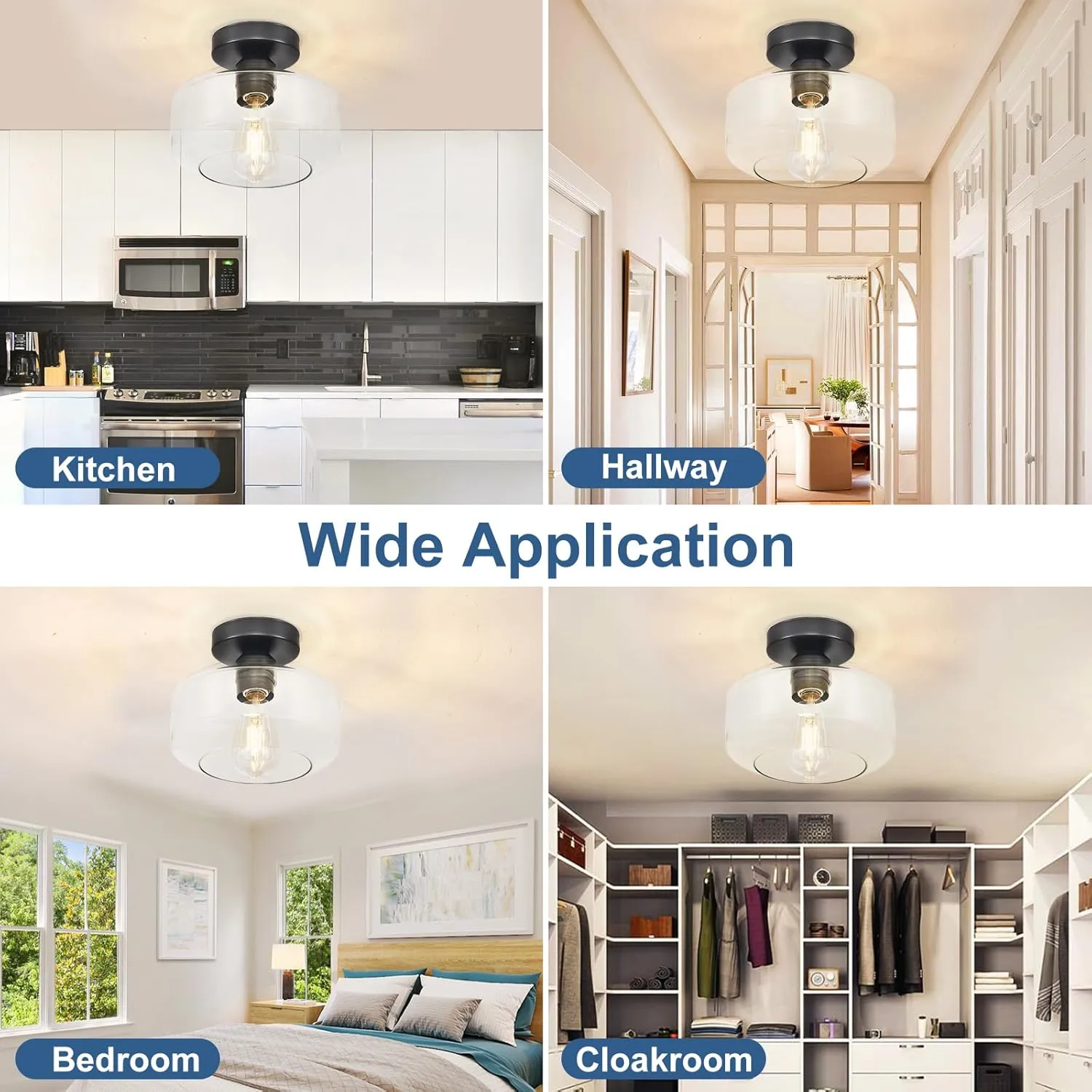 Industrial Semi Flush Mount Ceiling Light: Black Kitchen Lighting Fixtures Ceiling with Clear Glass - Vintage Hallway Light Fixtures E26 Bulb Included - 8.46” Light Fixtures Ceiling Mount for Foyer