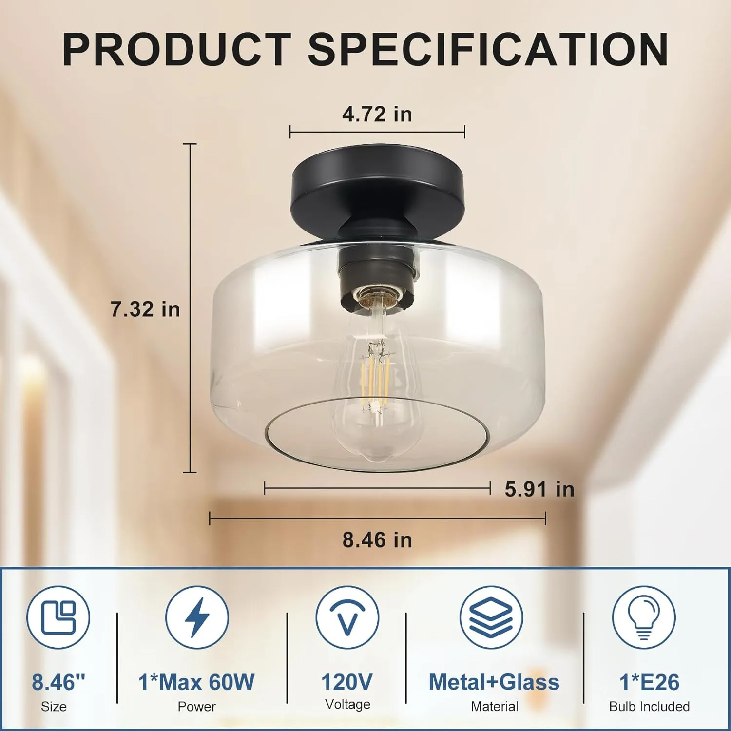 Industrial Semi Flush Mount Ceiling Light: Black Kitchen Lighting Fixtures Ceiling with Clear Glass - Vintage Hallway Light Fixtures E26 Bulb Included - 8.46” Light Fixtures Ceiling Mount for Foyer
