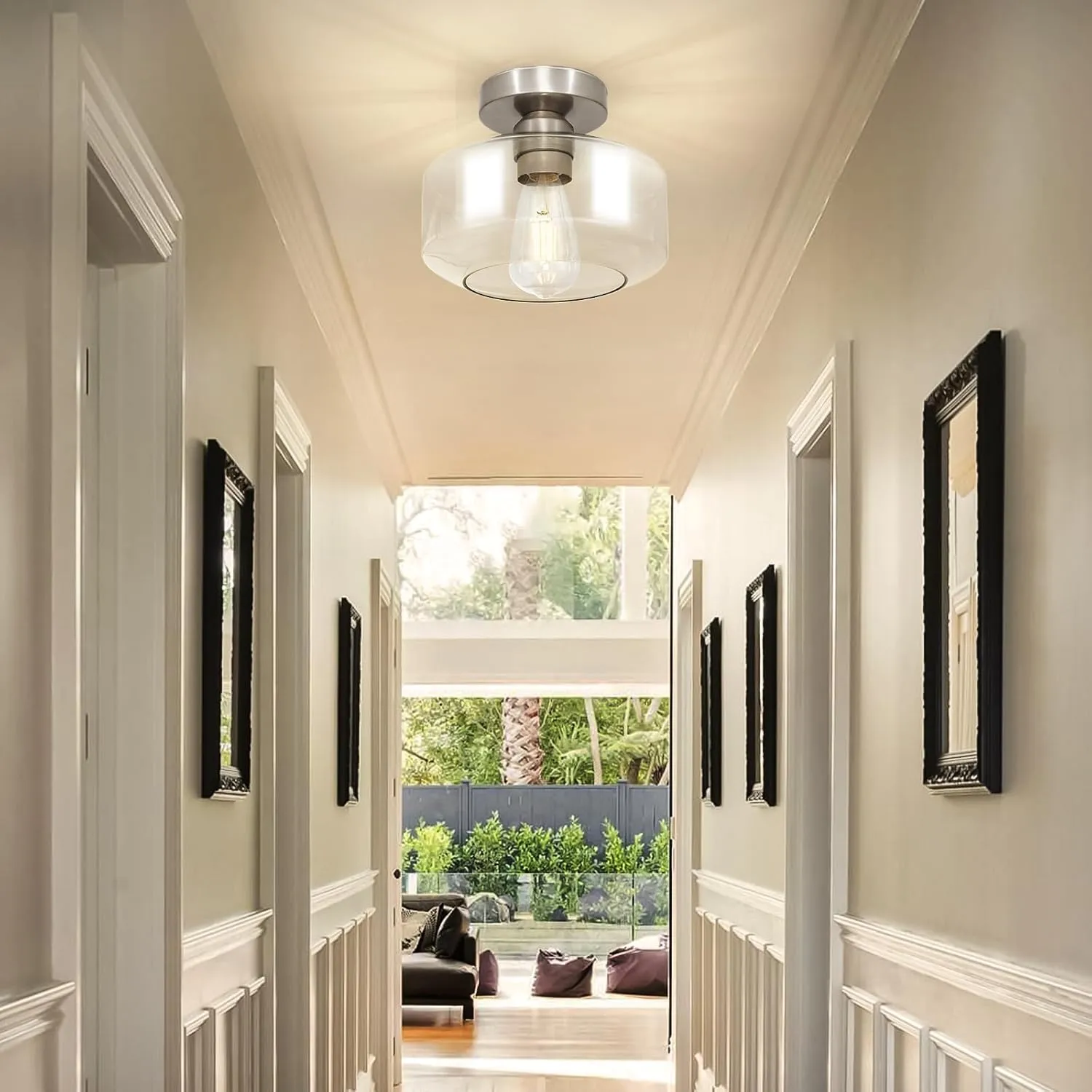 Industrial Semi Flush Mount Ceiling Light: Brush Nickel Kitchen Lighting Fixtures Ceiling with Clear Glass - Vintage Hallway Light Fixtures E26 Bulb Included - 8.46” Light Fixtures Ceiling Mount