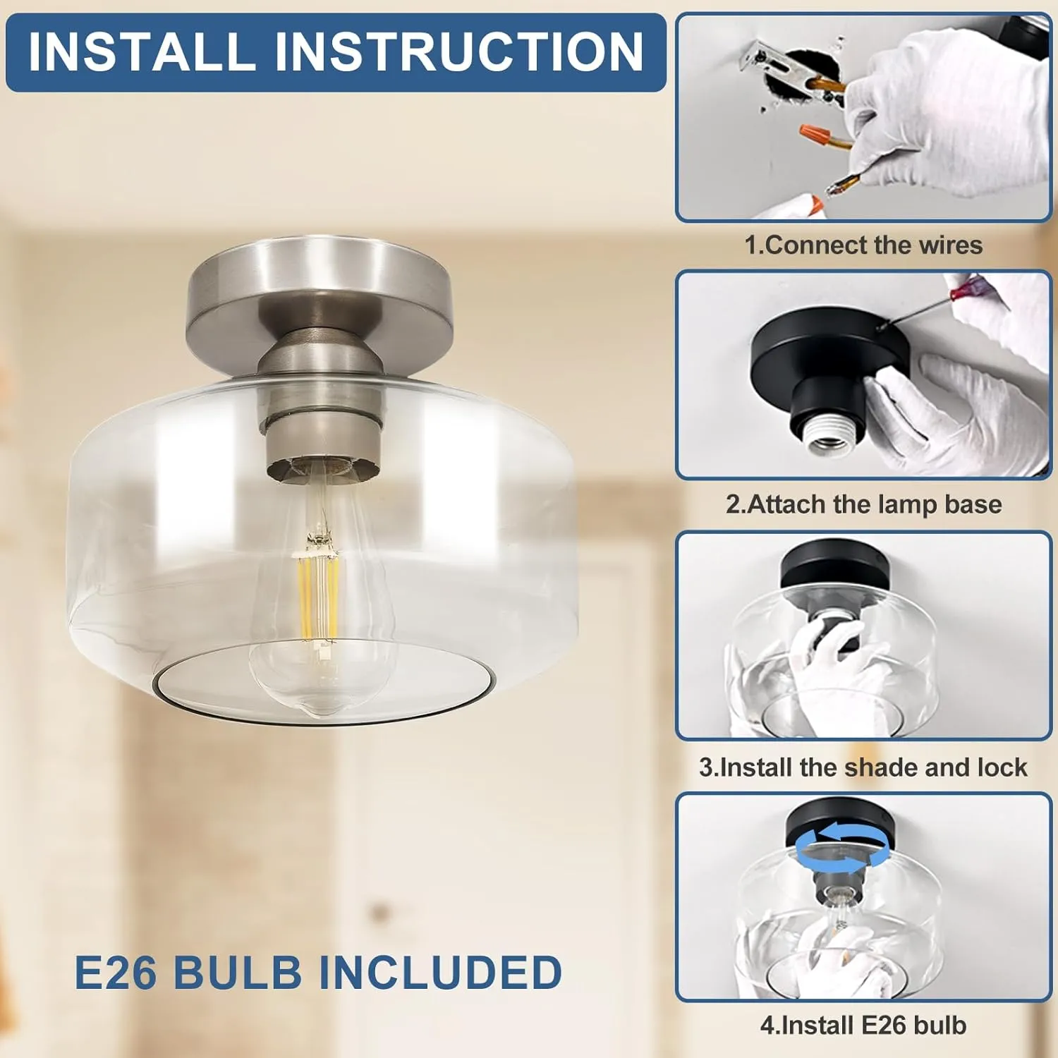 Industrial Semi Flush Mount Ceiling Light: Brush Nickel Kitchen Lighting Fixtures Ceiling with Clear Glass - Vintage Hallway Light Fixtures E26 Bulb Included - 8.46” Light Fixtures Ceiling Mount