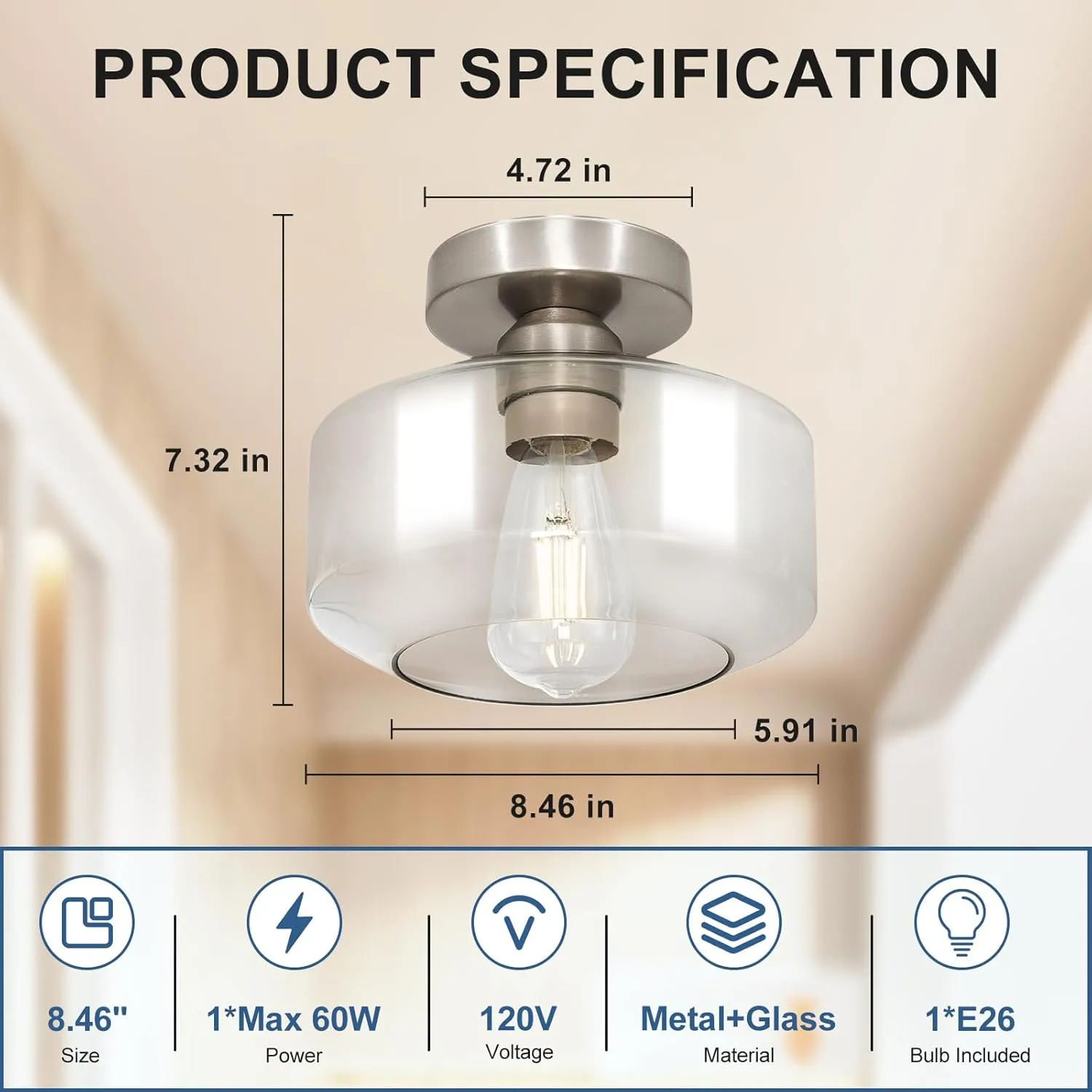 Industrial Semi Flush Mount Ceiling Light: Brush Nickel Kitchen Lighting Fixtures Ceiling with Clear Glass - Vintage Hallway Light Fixtures E26 Bulb Included - 8.46” Light Fixtures Ceiling Mount