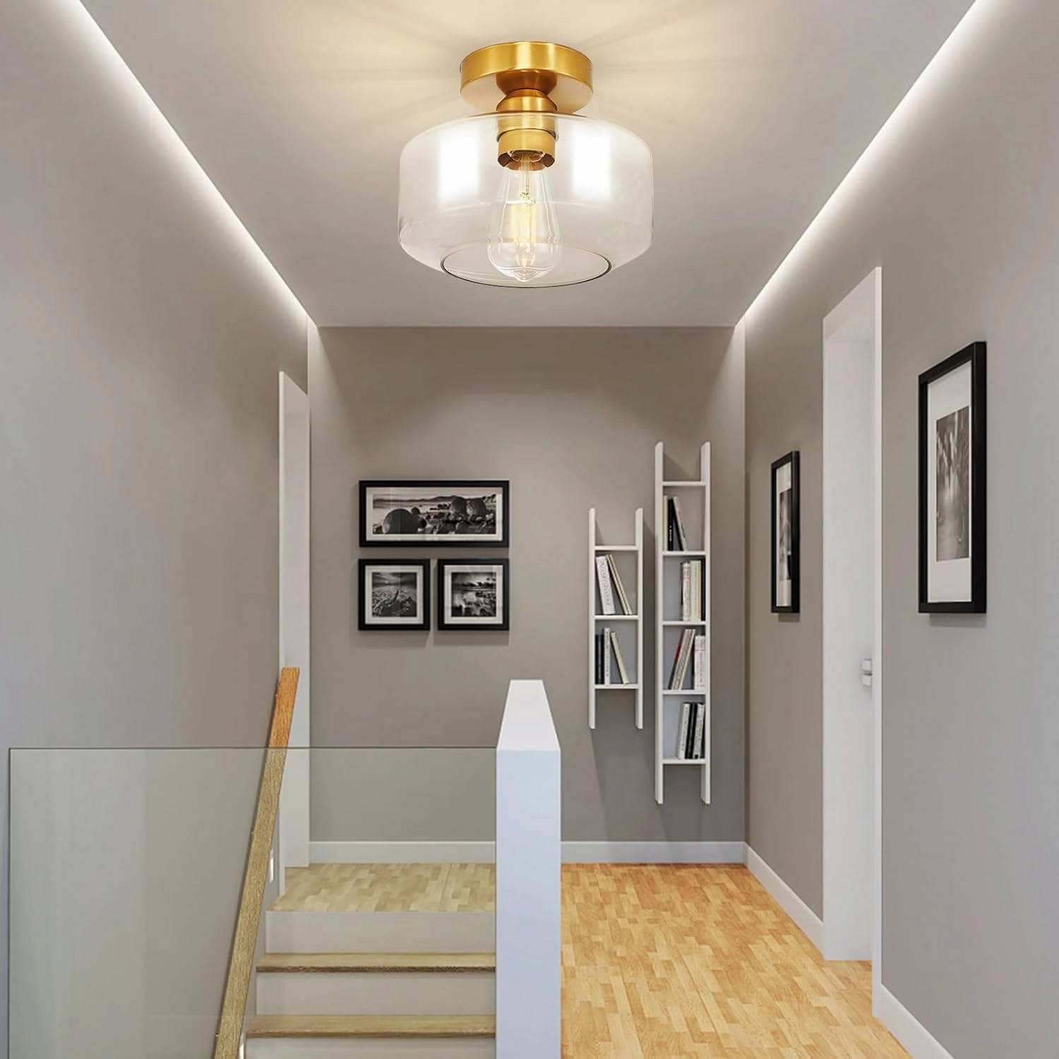Industrial Semi Flush Mount Ceiling Light: Gold Kitchen Lighting Fixtures Ceiling with Clear Glass - Vintage Hallway Light Fixtures E26 Bulb Included - 8.46” Light Fixtures Ceiling Mount for Foyer