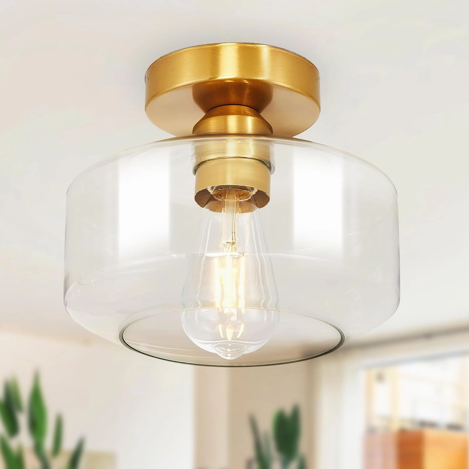 Industrial Semi Flush Mount Ceiling Light: Gold Kitchen Lighting Fixtures Ceiling with Clear Glass - Vintage Hallway Light Fixtures E26 Bulb Included - 8.46” Light Fixtures Ceiling Mount for Foyer