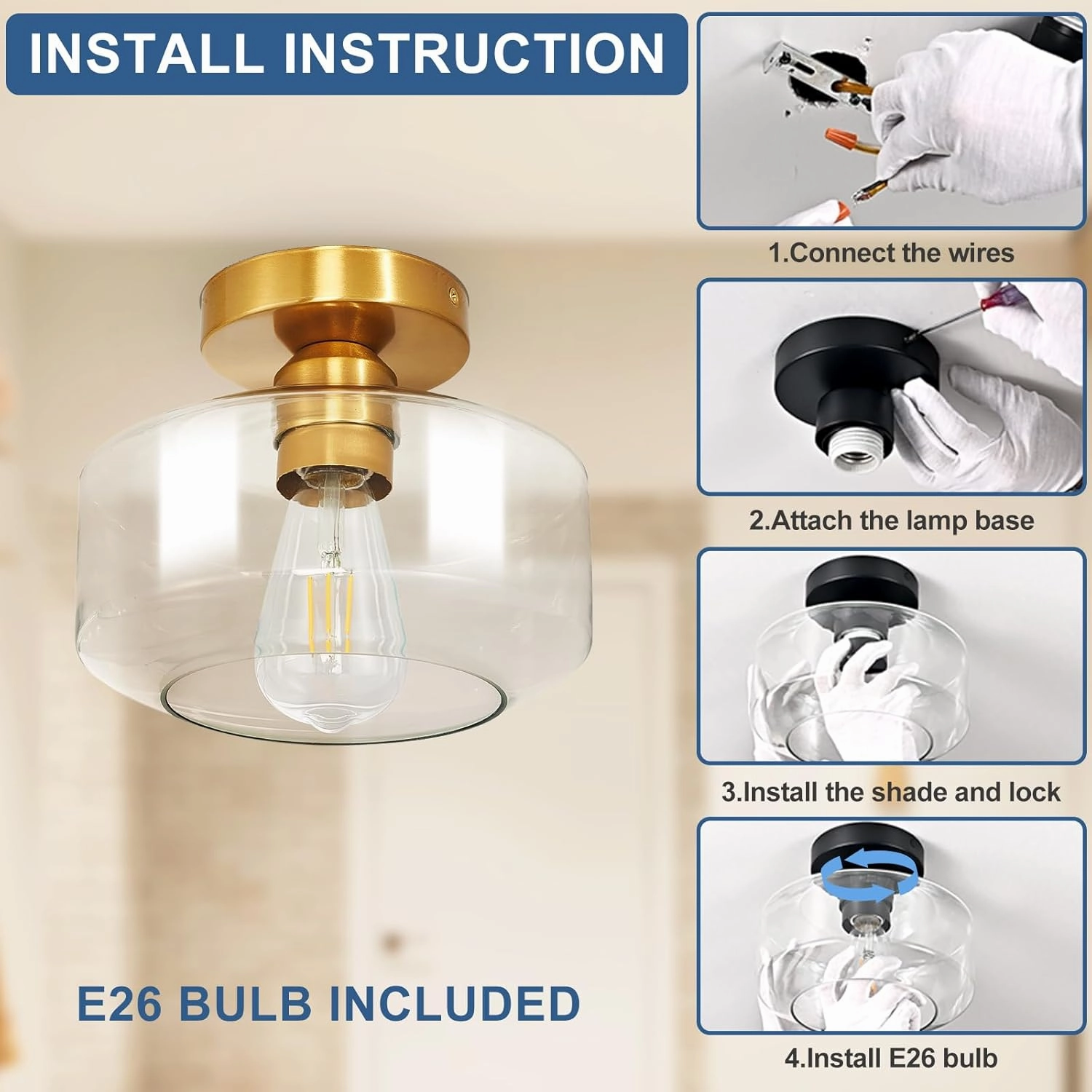 Industrial Semi Flush Mount Ceiling Light: Gold Kitchen Lighting Fixtures Ceiling with Clear Glass - Vintage Hallway Light Fixtures E26 Bulb Included - 8.46” Light Fixtures Ceiling Mount for Foyer