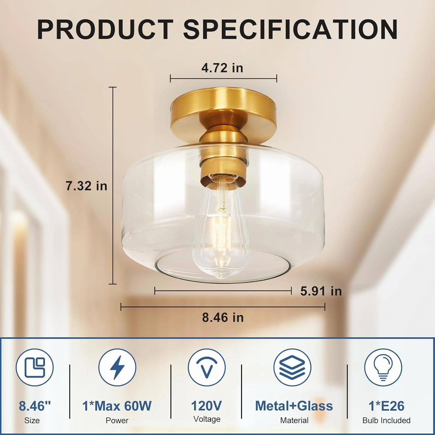 Industrial Semi Flush Mount Ceiling Light: Gold Kitchen Lighting Fixtures Ceiling with Clear Glass - Vintage Hallway Light Fixtures E26 Bulb Included - 8.46” Light Fixtures Ceiling Mount for Foyer