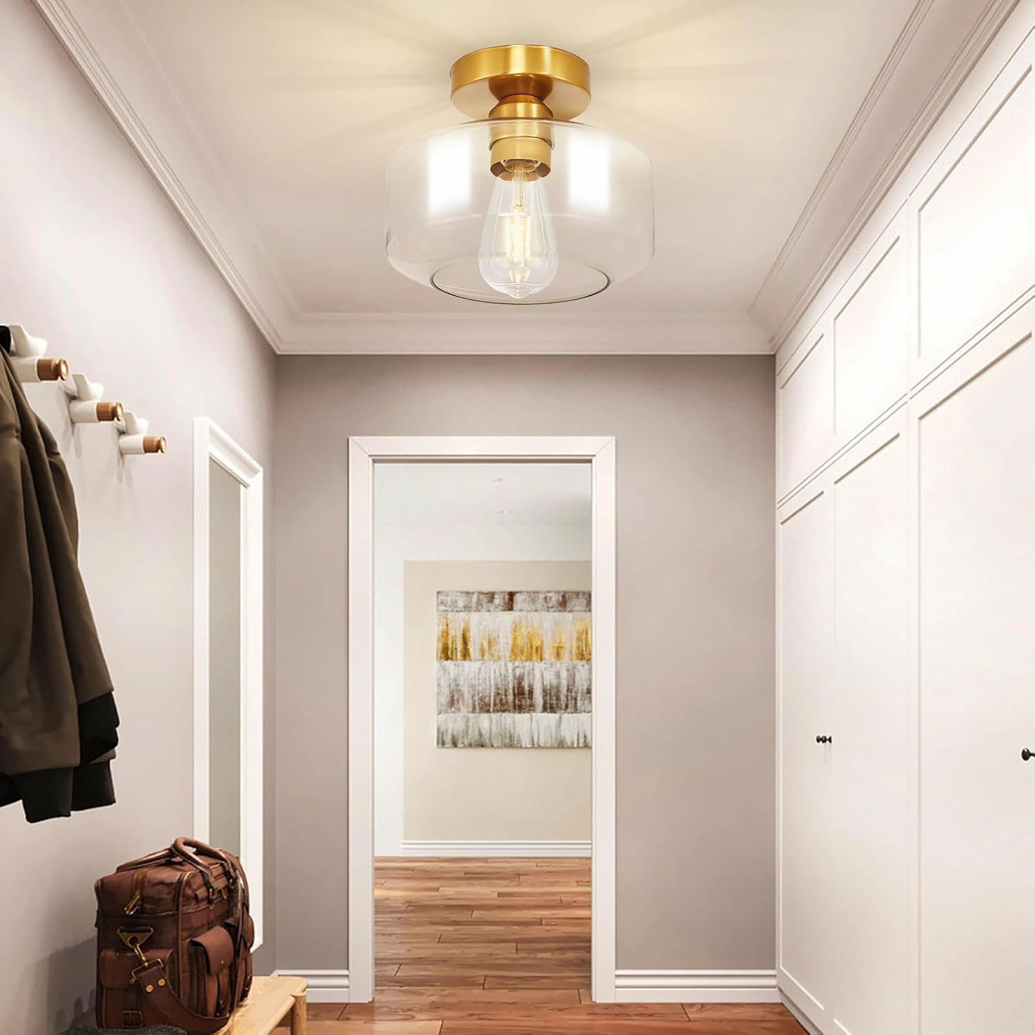 Industrial Semi Flush Mount Ceiling Light: Gold Kitchen Lighting Fixtures Ceiling with Clear Glass - Vintage Hallway Light Fixtures E26 Bulb Included - 8.46” Light Fixtures Ceiling Mount for Foyer