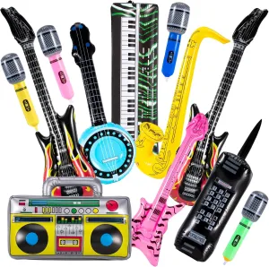 Inflatable Rock Star Toy Set - 12 Pcs Blow Up Instruments: Guitar, Saxophone, Microphones, Bass, Lute, Boombox, Phone, Piano - 80s 90s Party Decorations
