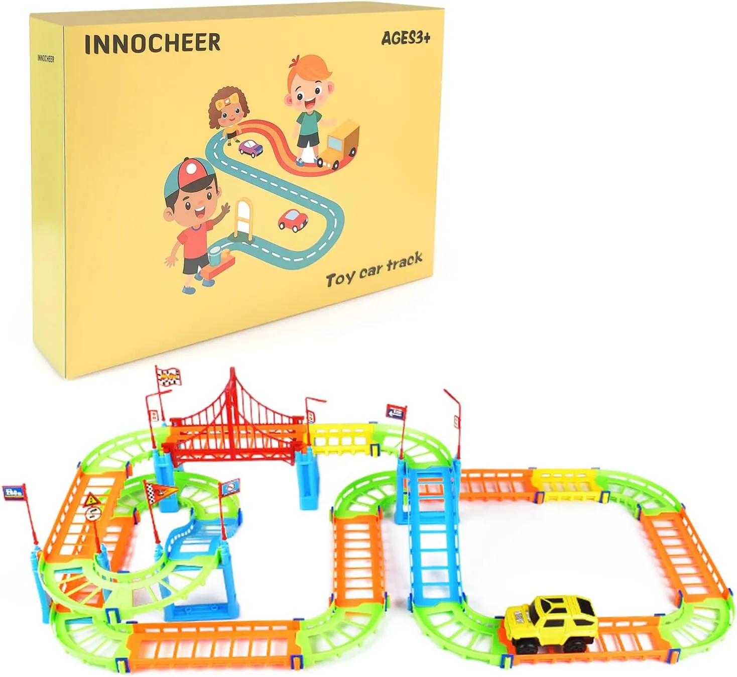 INNOCHEER Toy Aehicle Track Sets and Roadways and Accessories therefor, Construction Car and Flexible Track Playset Create A Engineering Road Games